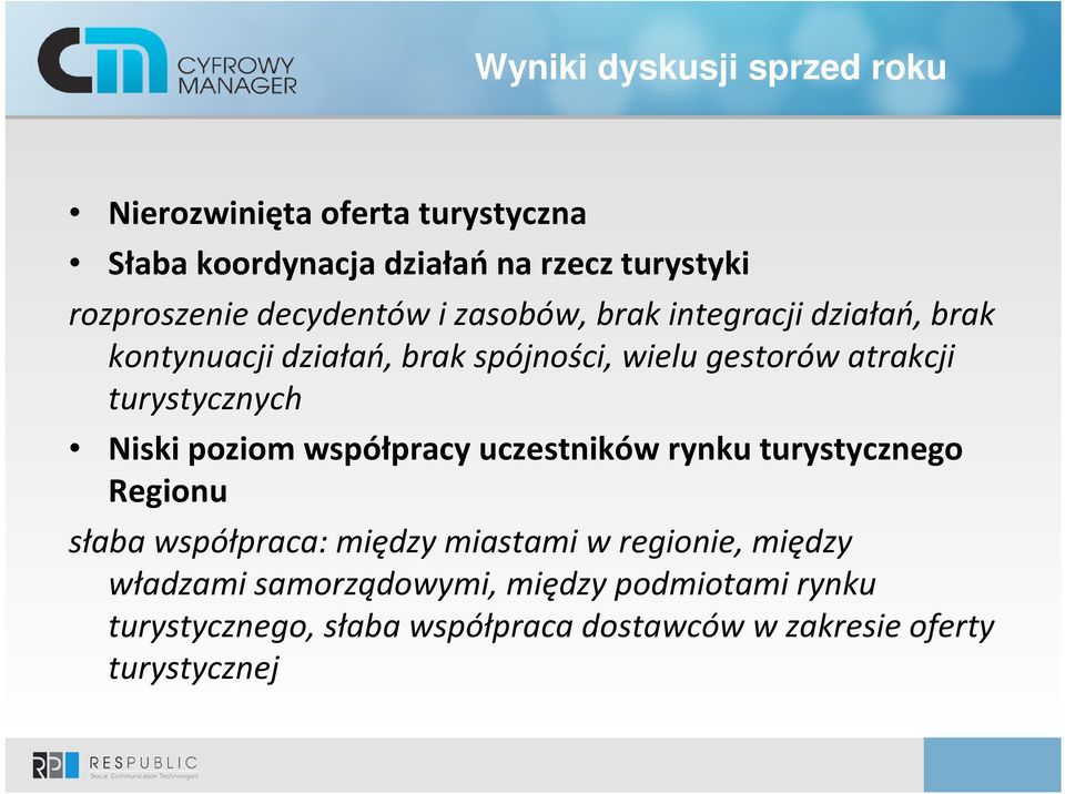 turystycznych Niski poziom współpracy uczestników rynku turystycznego Regionu słaba współpraca: między miastami w