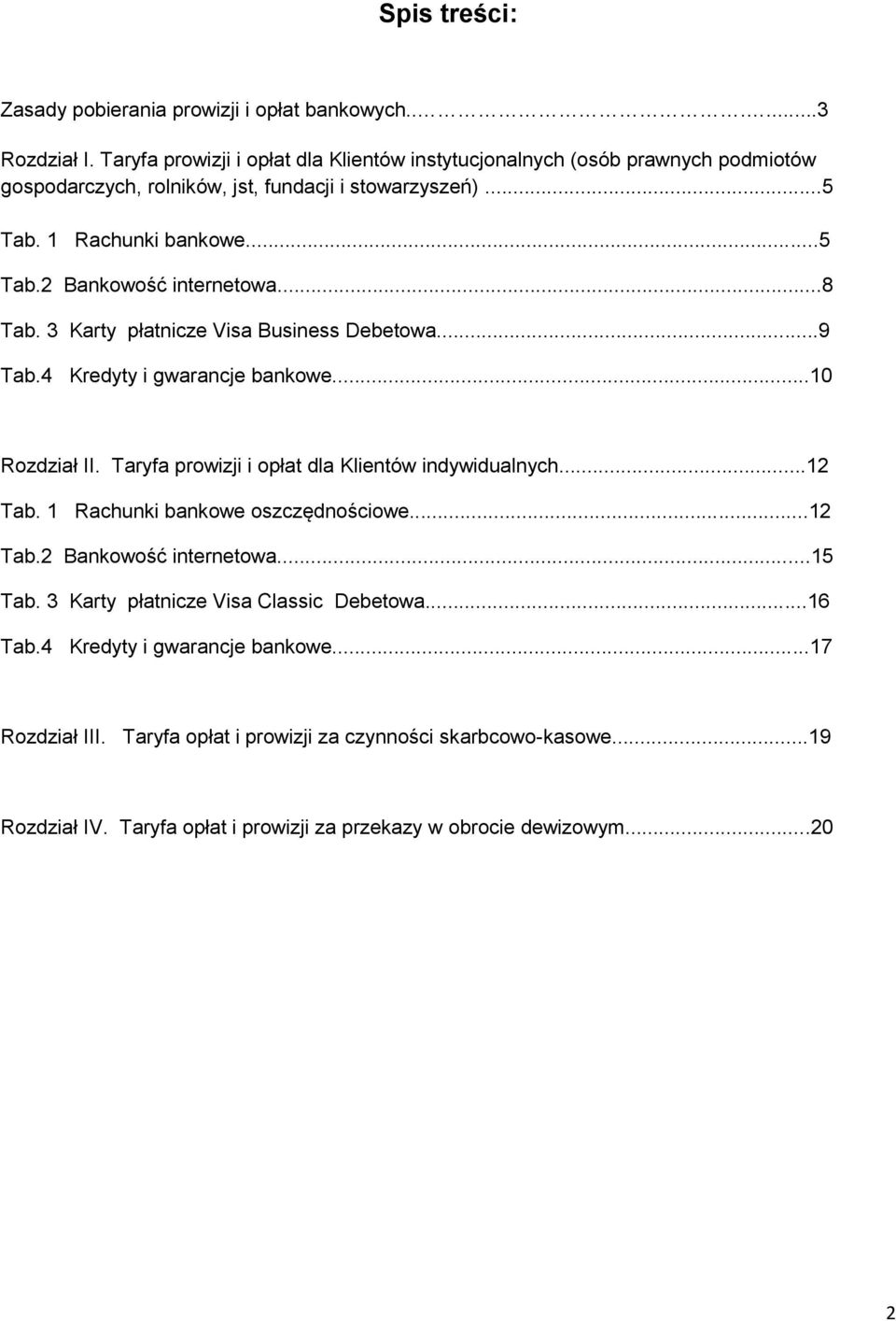 ..8 Tab. 3 Karty płatnicze Visa Business Debetowa...9 Tab.4 Kredyty i gwarancje bankowe...10 Rozdział II. Taryfa prowizji i opłat dla Klientów indywidualnych...12 Tab.