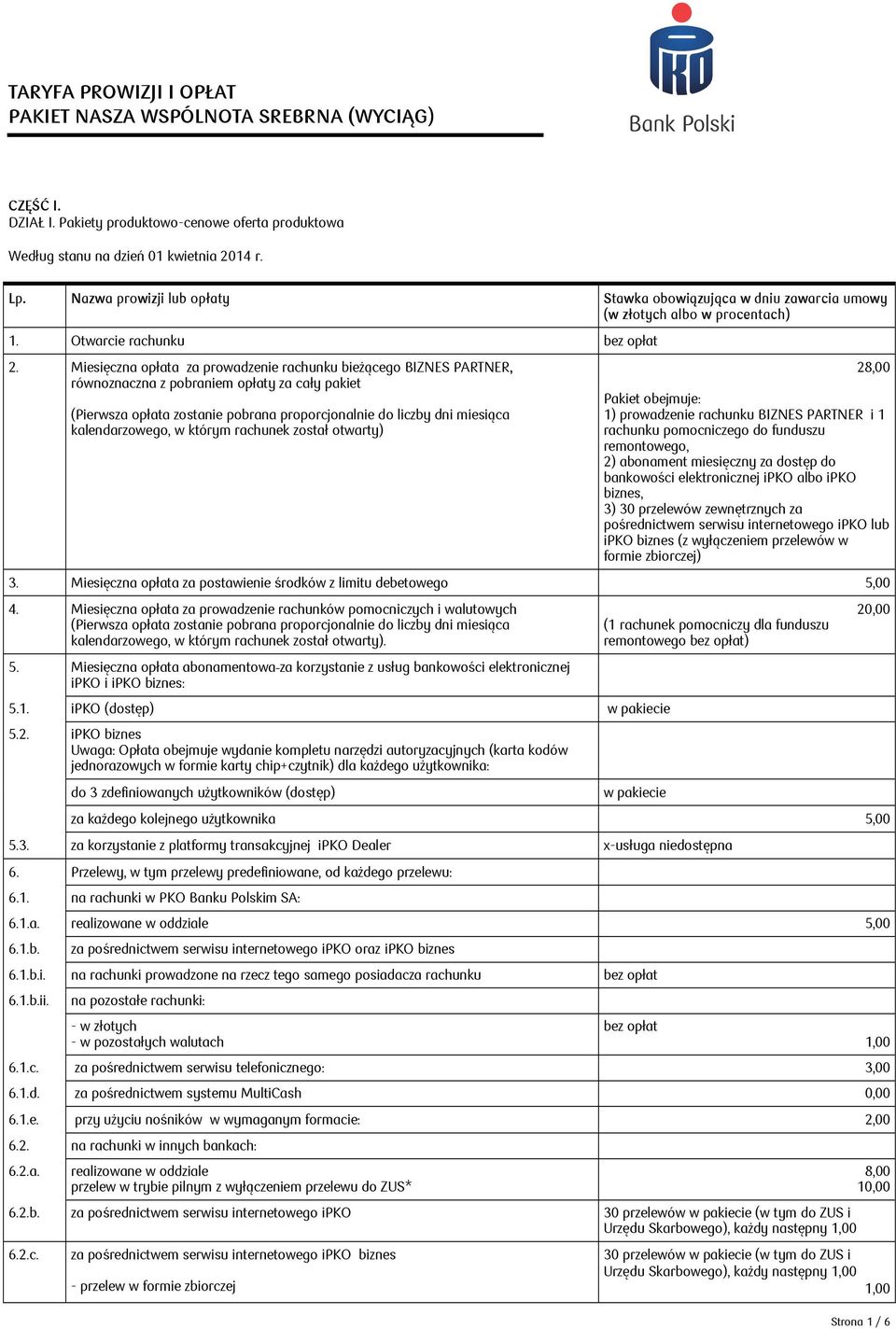 Miesięczna opłata za prowadzenie rachunku bieżącego BIZNES PARTNER, równoznaczna z pobraniem opłaty za cały pakiet (Pierwsza opłata zostanie pobrana proporcjonalnie do liczby dni miesiąca