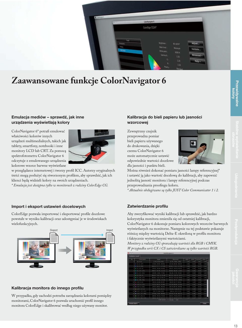 Za pomocą spektrofotometru ColorNavigator 6 odczytuje z emulowanego urządzenia kolorowe wzorce barwne wyświetlane w przeglądarce internetowej i tworzy profil ICC.