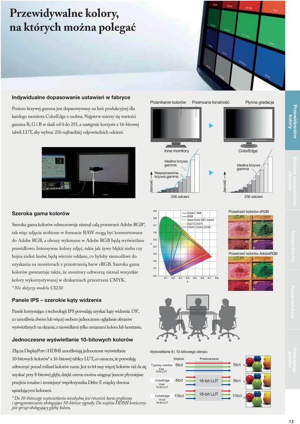 Przenikanie kolorów Przerwana tonalność Płynna gradacja Przewidywalne kolory Inne monitory ColorEdge Jasność Idealna krzywa gamma Niepoprawiona krzywa gamma Jasność Idealna krzywa gamma 256 odcieni