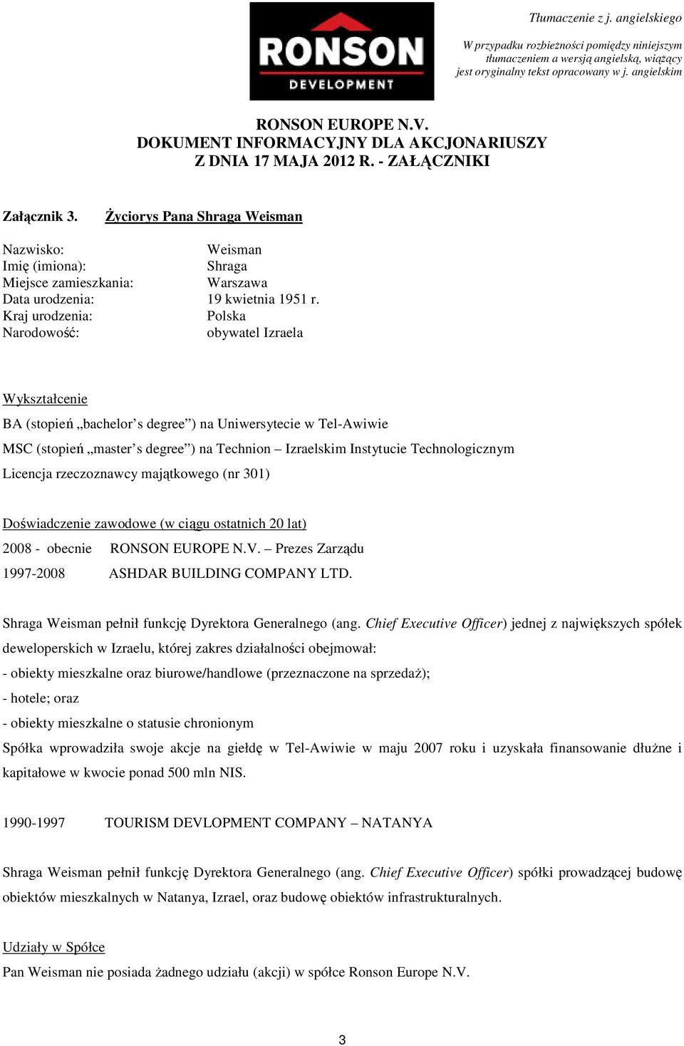 rzeczoznawcy majątkowego (nr 301) (w ciągu ostatnich 20 lat) 2008 - obecnie Prezes Zarządu 1997-2008 ASHDAR BUILDING COMPANY LTD. Shraga Weisman pełnił funkcję Dyrektora Generalnego (ang.