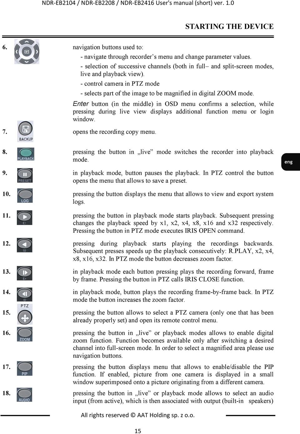 Enter button (in the middle) in OSD menu confirms a selection, while pressing during live view displays additional function menu or login window. 7. opens the recording copy menu. 8.
