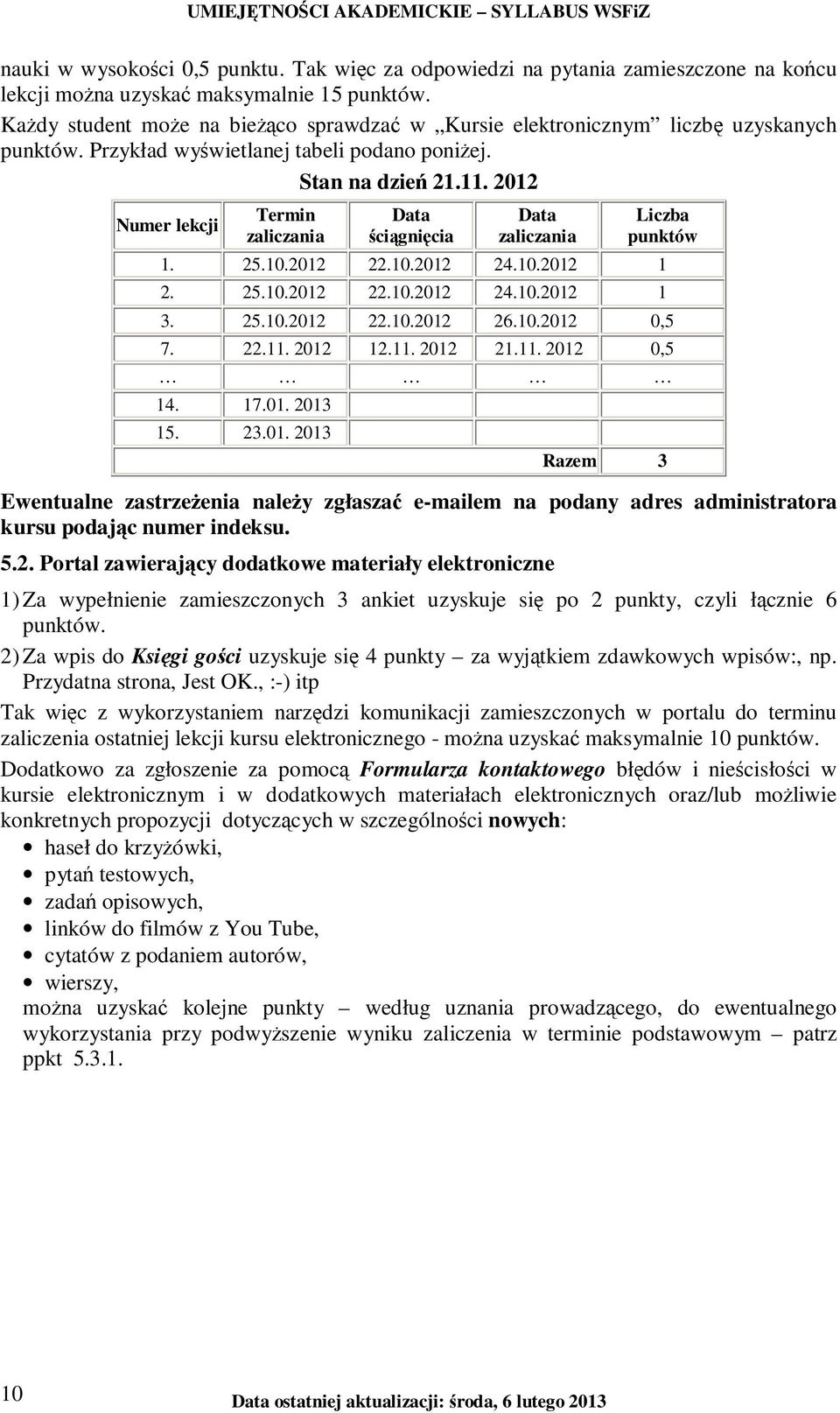 2012 Numer lekcji Termin zaliczania Data ściągnięcia Data zaliczania Liczba punktów 1. 25.10.2012 22.10.2012 24.10.2012 1 2. 25.10.2012 22.10.2012 24.10.2012 1 3. 25.10.2012 22.10.2012 26.10.2012 0,5 7.