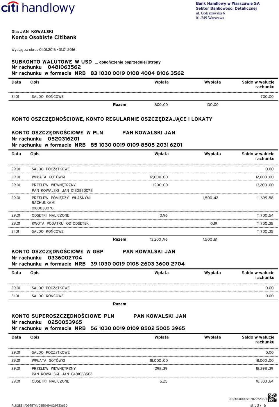 01 WPŁATA GOTÓWKI 12,000.00 12,000.00 29.01 PRZELEW WEWNĘTRZNY 1,200.00 13,200.00 PAN KOWALSKI JAN 0180830078 1,500.42 0180830078 11,699.58 29.01 ODSETKI NALICZONE 0.96 11,700.54 29.