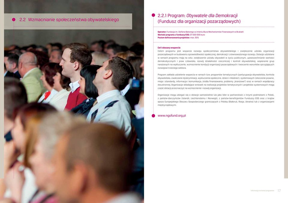 90% Celem programu jest wsparcie rozwoju społeczeństwa obywatelskiego i zwiększenie udziału organizacji pozarządowych w budowaniu sprawiedliwości społecznej, demokracji i zrównoważonego rozwoju.