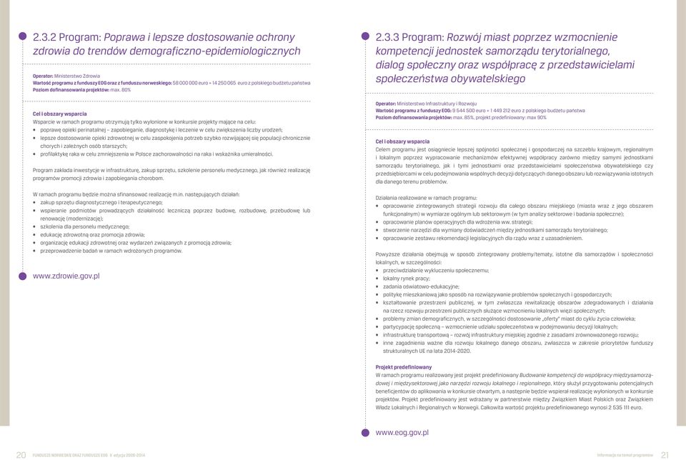 80% Wsparcie w ramach programu otrzymują tylko wyłonione w konkursie projekty mające na celu: poprawę opieki perinatalnej zapobieganie, diagnostykę i leczenie w celu zwiększenia liczby urodzeń;