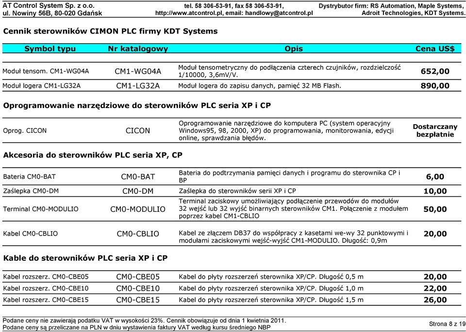 CICON CICON Oprogramowanie narzędziowe do komputera PC (system operacyjny Windows95, 98, 2000, XP) do programowania, monitorowania, edycji online, sprawdzania błędów.