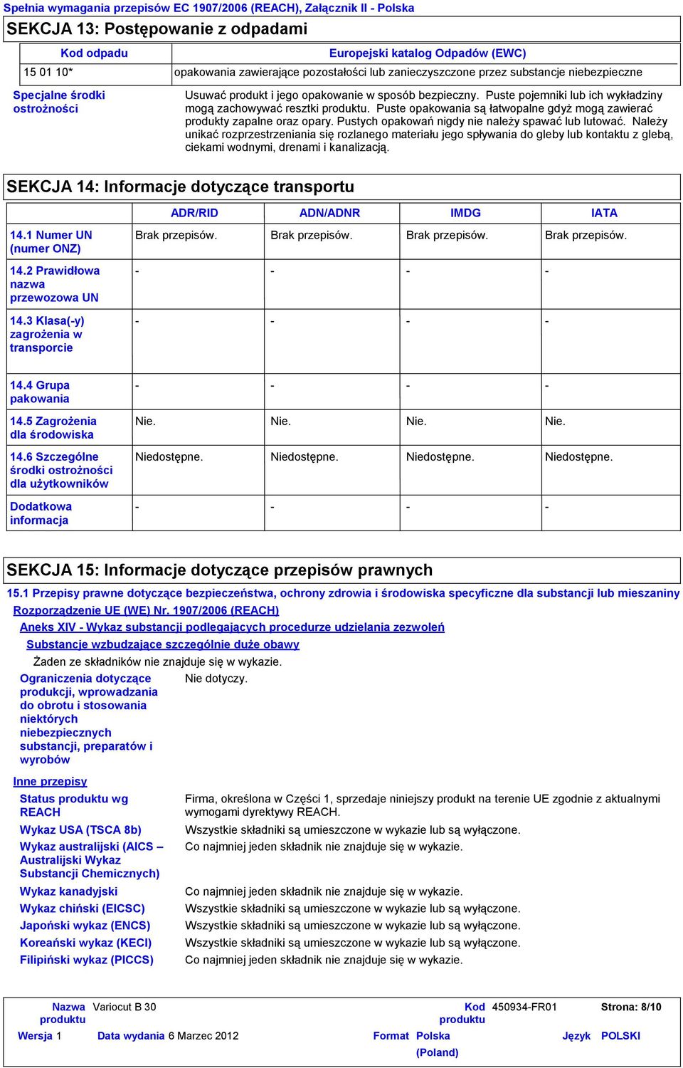 Puste opakowania są łatwopalne gdyż mogą zawierać produkty zapalne oraz opary. Pustych opakowań nigdy nie należy spawać lub lutować.