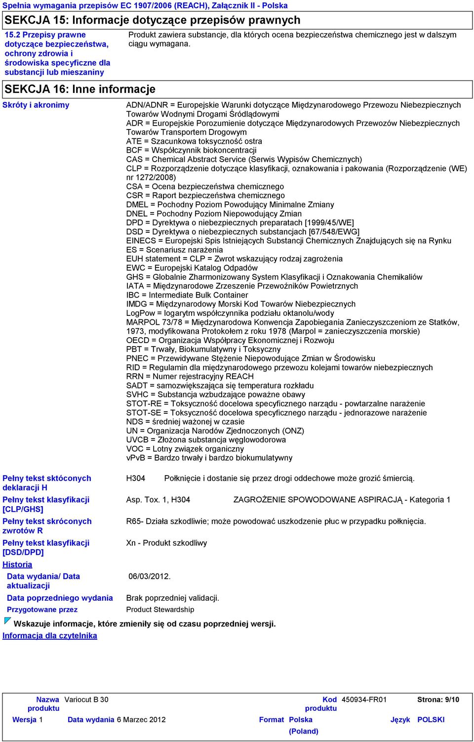 Pełny tekst klasyfikacji [CLP/GHS] Pełny tekst skróconych zwrotów R Pełny tekst klasyfikacji [DSD/DPD] Historia Data wydania/ Data aktualizacji Data poprzedniego wydania Przygotowane przez Informacja