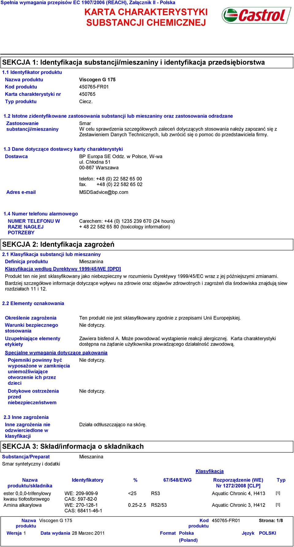 5 Kod 450765FR01 Karta charakterystyki nr 450765 Typ Ciecz. 1.