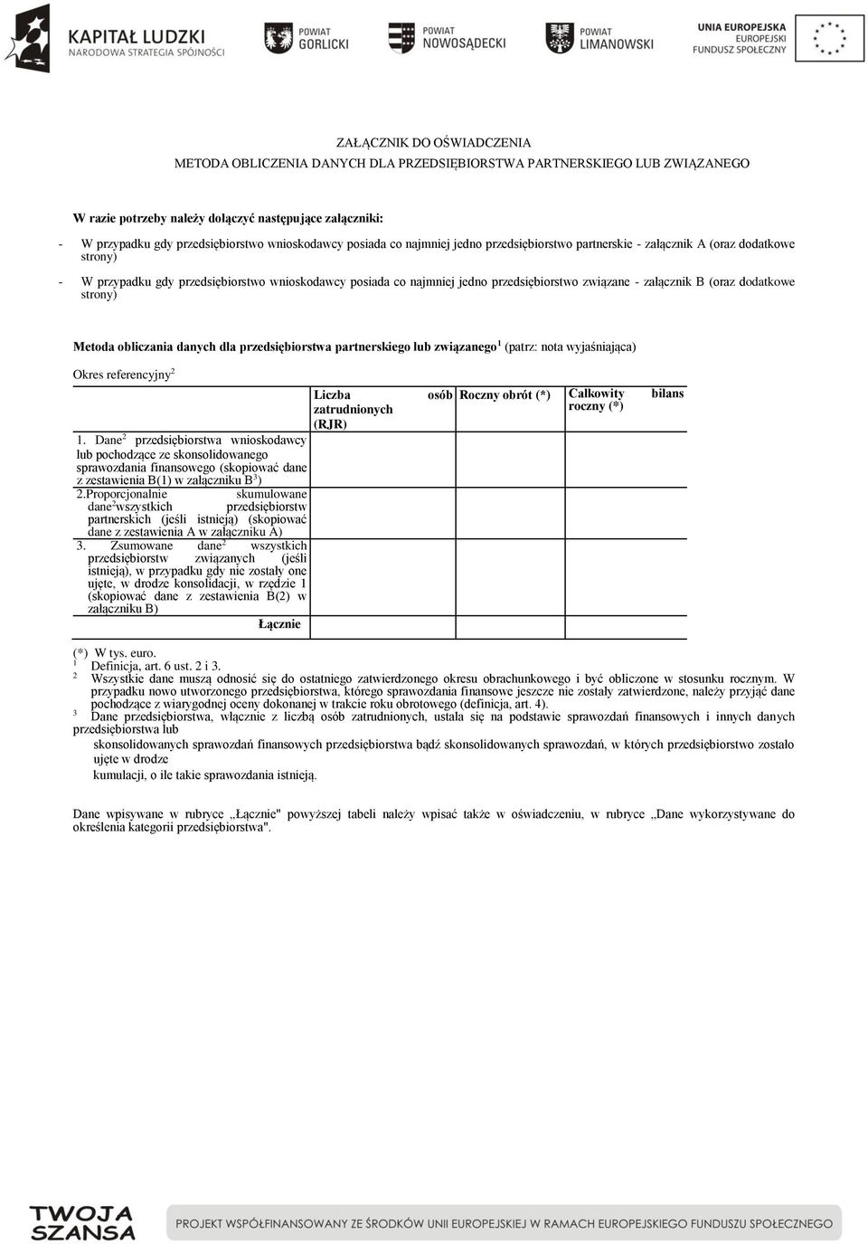 związane - załącznik B (oraz dodatkowe strony) Metoda obliczania danych dla przedsiębiorstwa partnerskiego lub związanego 1 (patrz: nota wyjaśniająca) Liczba osób zatrudnionych (RJR) 1.