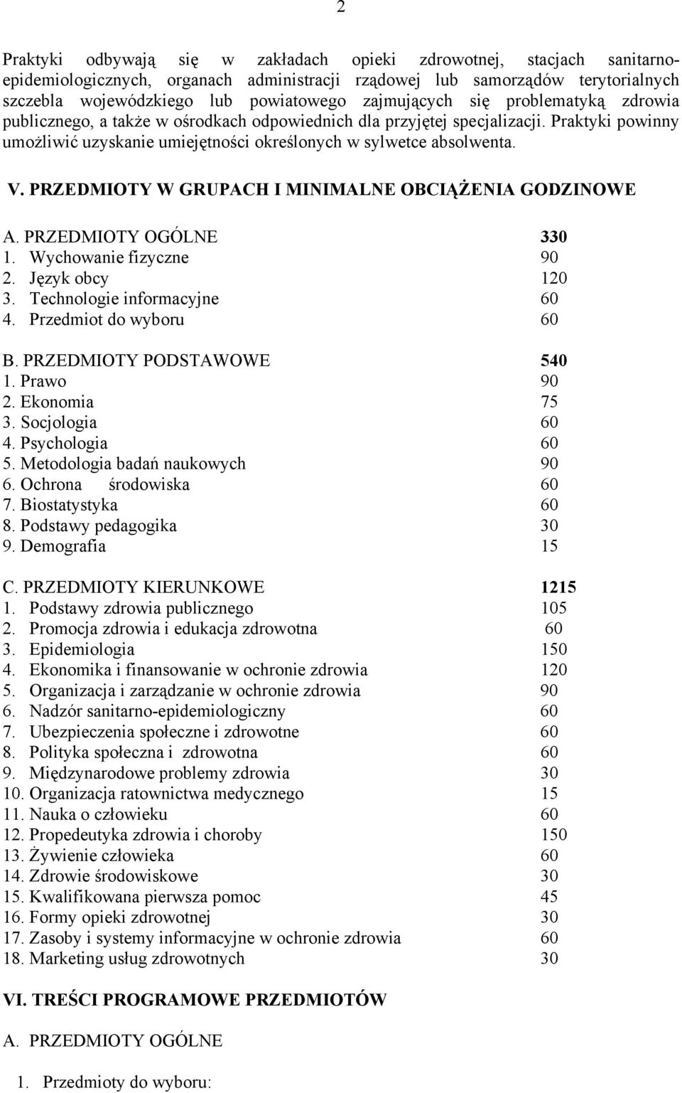 PRZEDMIOTY W GRUPACH I MINIMALNE OBCIĄŻENIA GODZINOWE A. PRZEDMIOTY OGÓLNE 330 1. Wychowanie fizyczne 90 2. Język obcy 120 3. Technologie informacyjne 60 4. Przedmiot do wyboru 60 B.