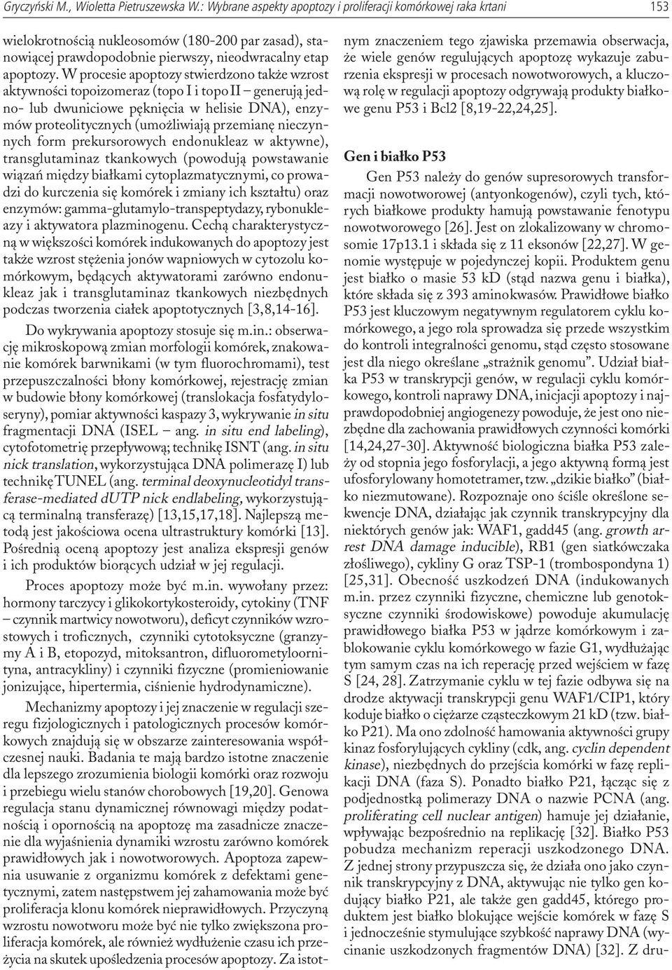 W procesie apoptozy stwierdzono tak e wzrost aktywnoœci topoizomeraz (topo I i topo II generuj¹ jedno- lub dwuniciowe pêkniêcia w helisie DNA), enzymów proteolitycznych (umo liwiaj¹ przemianê