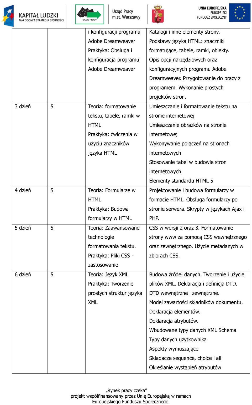 Praktyka: Pliki CSS - zastosowanie 6 dzień 5 Teoria: Język XML Praktyka: Tworzenie prostych struktur języka XML Katalogi i inne elementy strony.
