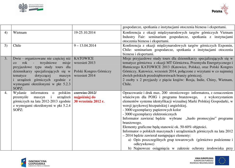 2014 Konferencja z okazji międzynarodowych targów górniczych Expomin, Chile: seminarium gospodarcze, spotkania z instytucjami otoczenia biznesu i ekspertami. 3.