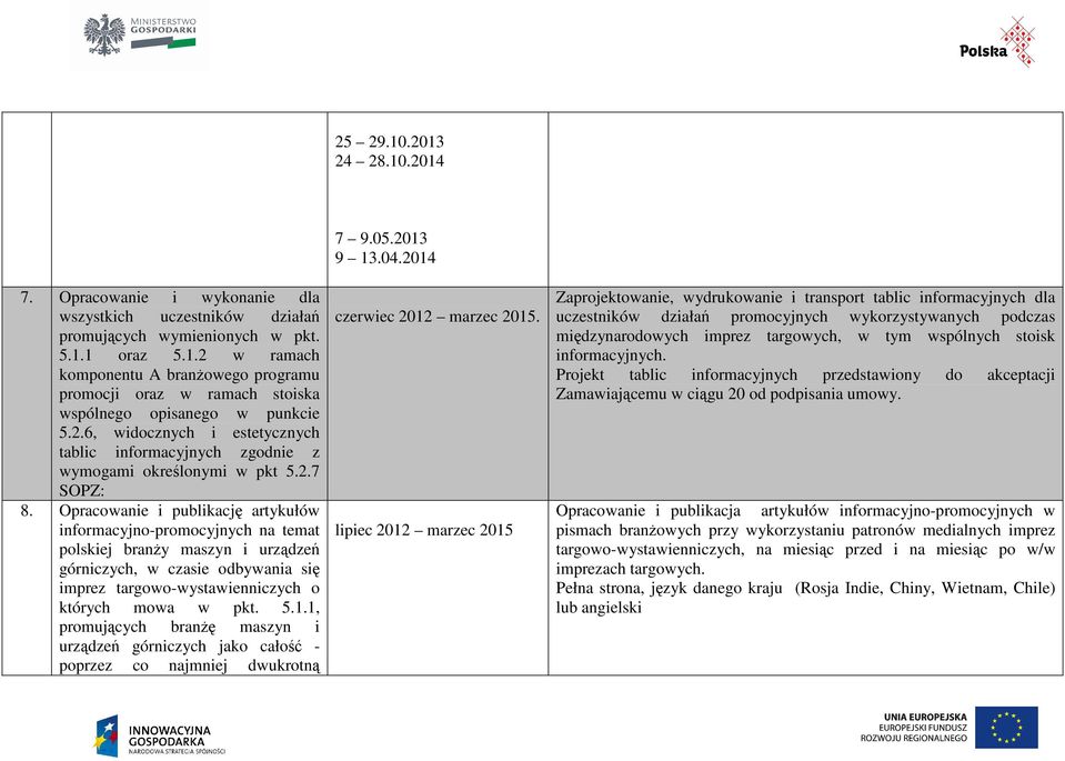 Opracowanie i publikację artykułów informacyjno-promocyjnych na temat polskiej branży maszyn i urządzeń górniczych, w czasie odbywania się imprez targowo-wystawienniczych o których mowa w pkt. 5.1.