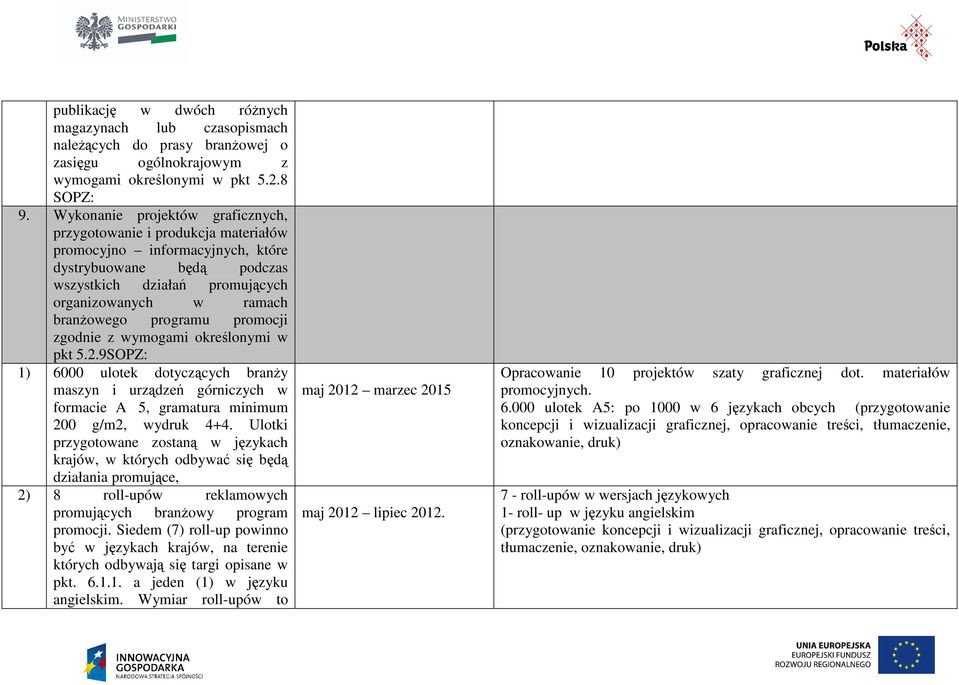 programu promocji zgodnie z wymogami określonymi w pkt 5.2.9SOPZ: 1) 6000 ulotek dotyczących branży maszyn i urządzeń górniczych w formacie A 5, gramatura minimum 200 g/m2, wydruk 4+4.