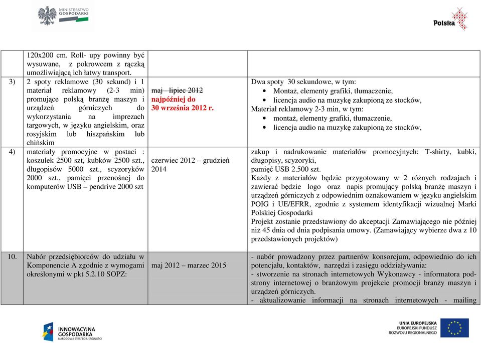 hiszpańskim lub chińskim 4) materiały promocyjne w postaci : koszulek 2500 szt, kubków 2500 szt., długopisów 5000 szt., scyzoryków 2000 szt., pamięci przenośnej do komputerów USB pendrive 2000 szt 10.