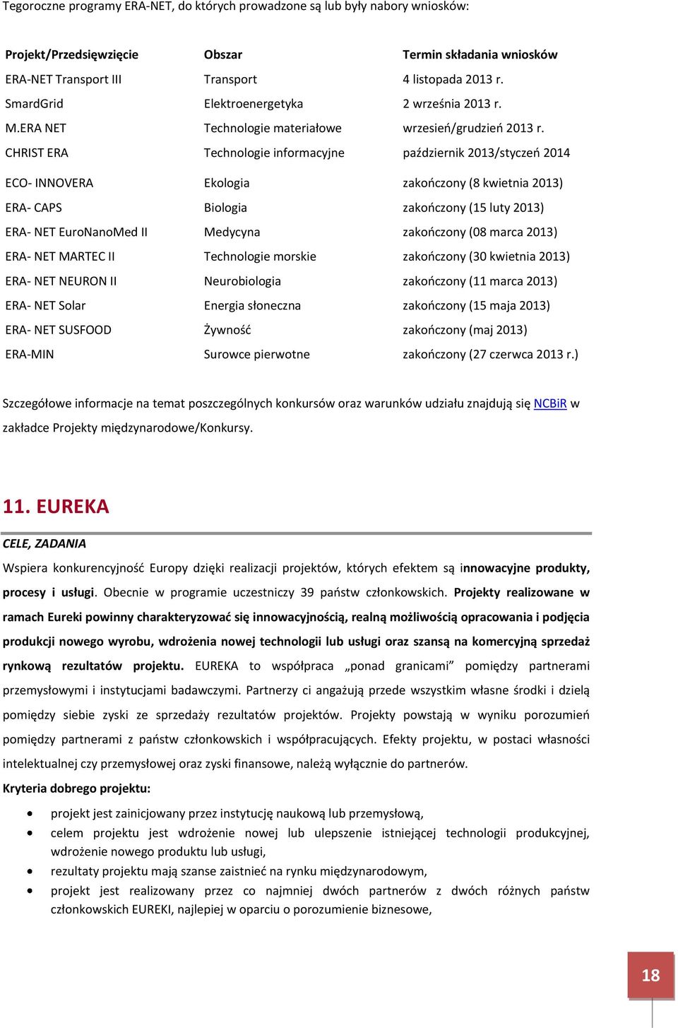 CHRIST ERA Technologie informacyjne październik 2013/styczeń 2014 ECO- INNOVERA Ekologia zakończony (8 kwietnia 2013) ERA- CAPS Biologia zakończony (15 luty 2013) ERA- NET EuroNanoMed II Medycyna