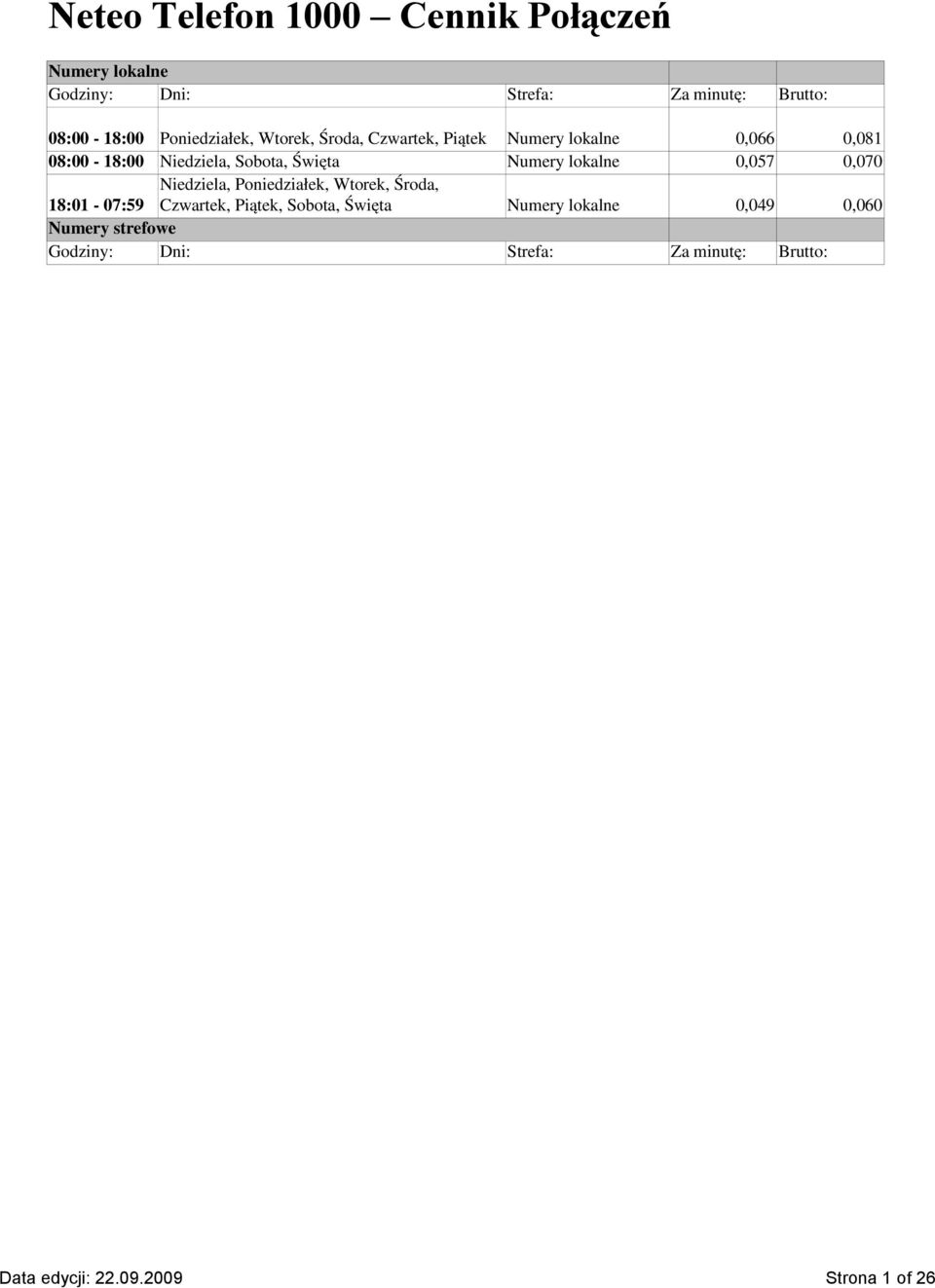 08:00-18:00 Niedziela, Sobota, Święta Numery lokalne 0,057 0,070 18:01-07:59 Numery lokalne