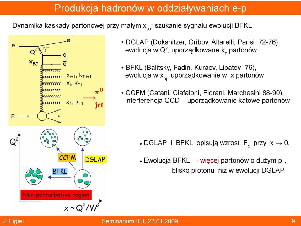 76), ewolucja w xbj, uporządkowanie w x partonów CCFM (Catani, Ciafaloni, Fiorani, Marchesini 88-90), interferencja QCD