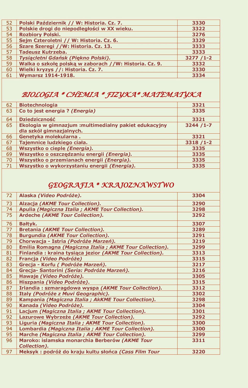 3332 60 Wielki kryzys //: Historia. Cz. 7. 3330 61 Wymarsz 1914-1918. 3334 BIOLOGIA * CHEMIA * FIZYKA* MATEMATYKA 62 Biotechnologia 3321 63 Co to jest energia?