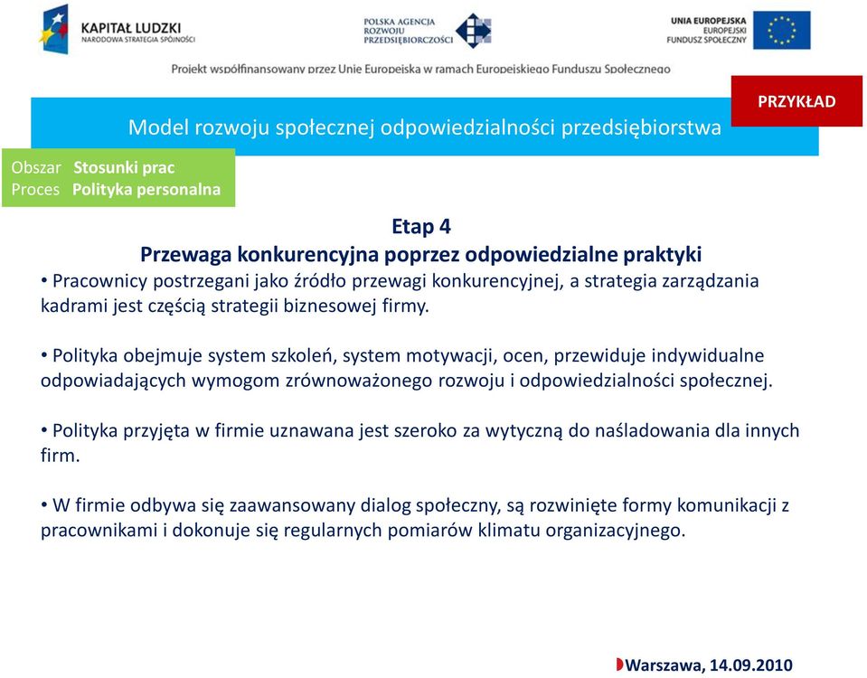 Polityka obejmuje system szkoleo, system motywacji, ocen, przewiduje indywidualne odpowiadających wymogom zrównoważonego rozwoju i odpowiedzialności społecznej.