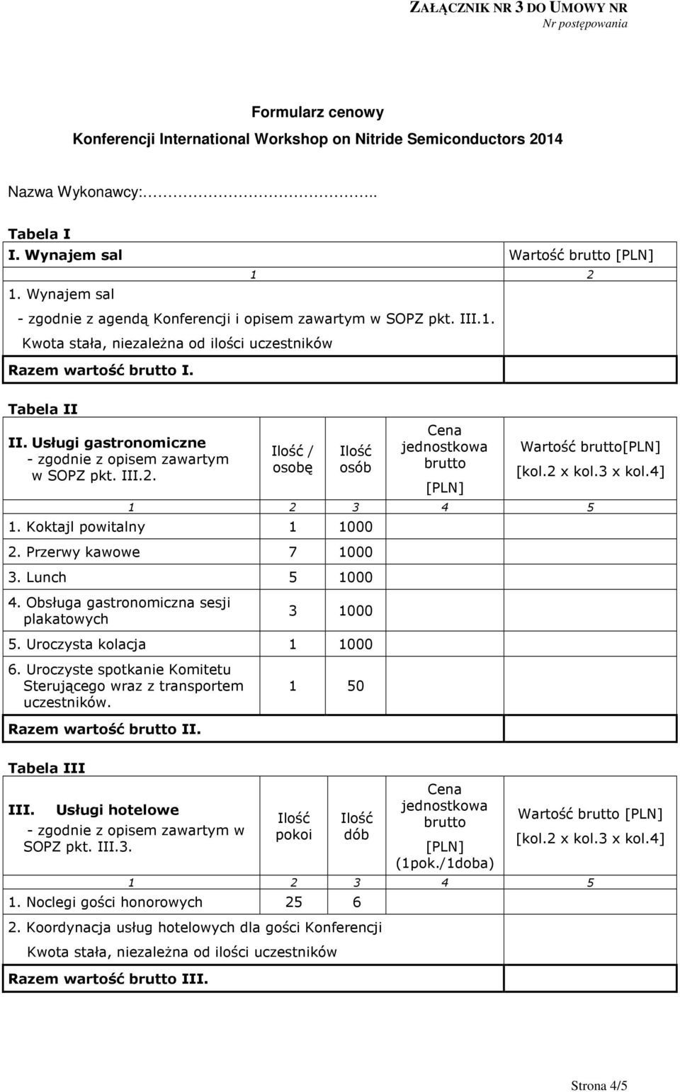 Usługi gastronomiczne - zgodnie z opisem zawartym w SOPZ pkt. III.2. / osobę osób Cena jednostkowa brutto [PLN] Wartość brutto[pln] [kol.2 x kol.3 x kol.4] 1 2 3 4 5 1. Koktajl powitalny 1 1000 2.