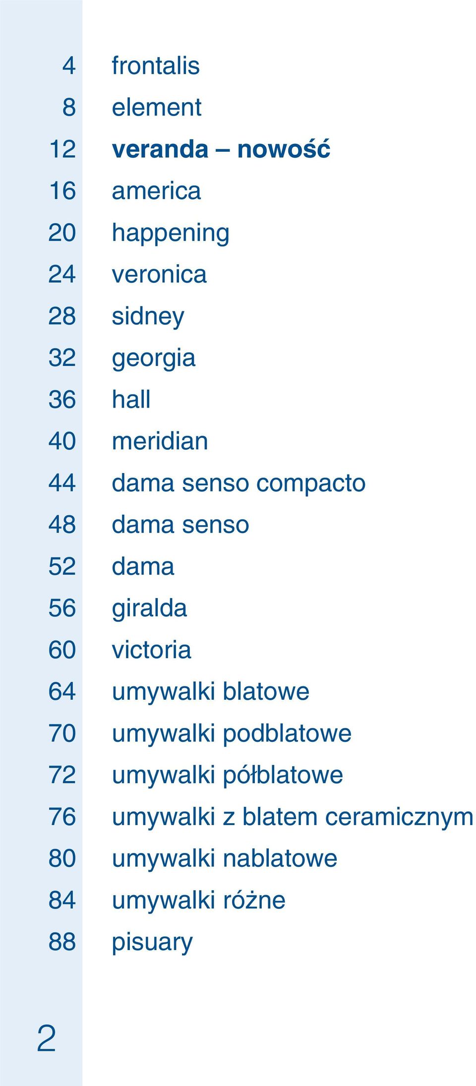 56 giralda 60 victoria 64 umywalki blatowe 70 umywalki podblatowe 72 umywalki