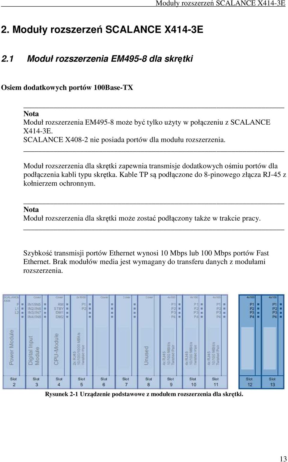 SCALANCE X408-2 nie posiada portów dla modułu rozszerzenia. Moduł rozszerzenia dla skrętki zapewnia transmisje dodatkowych ośmiu portów dla podłączenia kabli typu skrętka.