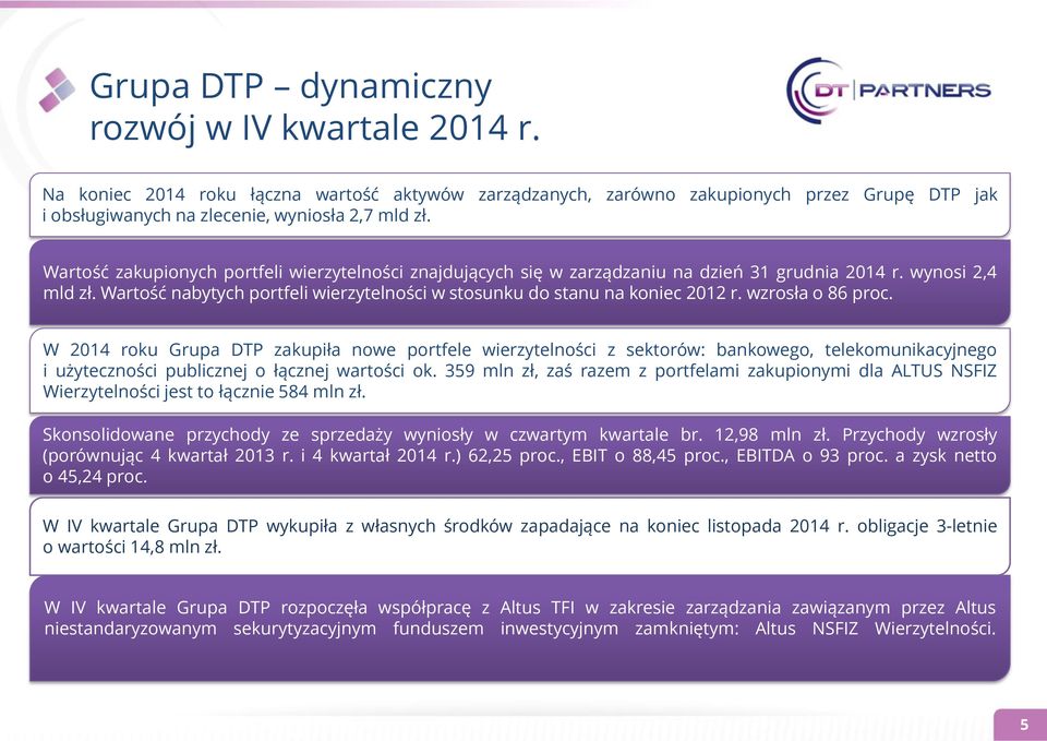 wzrosła o 86 proc. W 2014 roku Grupa DTP zakupiła nowe portfele wierzytelności z sektorów: bankowego, telekomunikacyjnego i użyteczności publicznej o łącznej wartości ok.