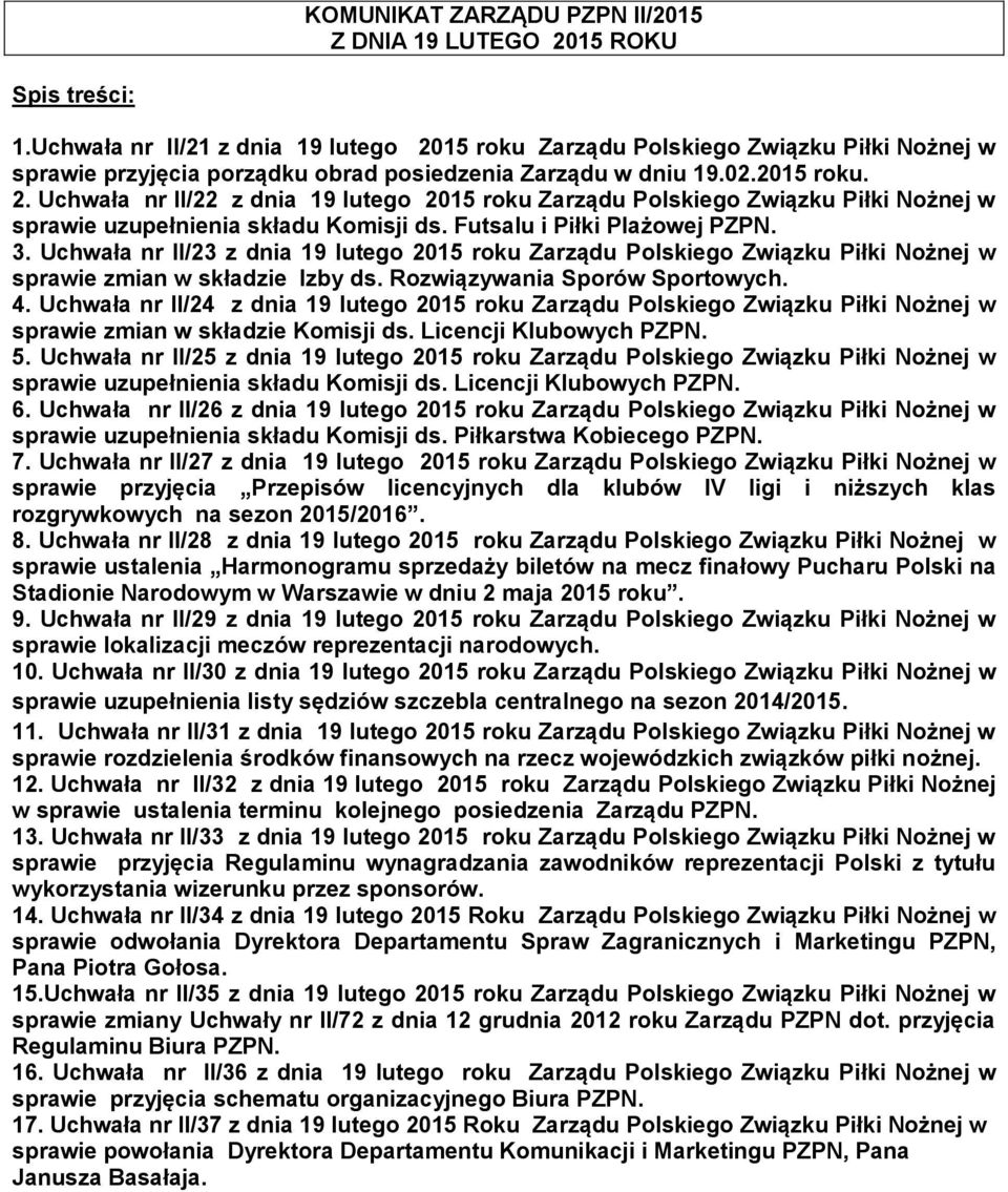 Futsalu i Piłki Plażowej PZPN. 3. Uchwała nr II/23 z dnia 19 lutego 2015 roku Zarządu Polskiego Związku Piłki Nożnej w sprawie zmian w składzie Izby ds. Rozwiązywania Sporów Sportowych. 4.