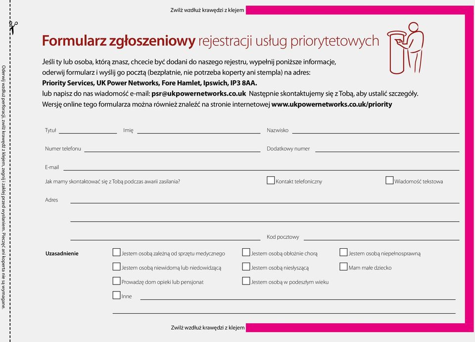 Jeśli ty lub osoba, którą znasz, chcecie być dodani do naszego rejestru, wypełnij poniższe informacje, oderwij formularz i wyślij go pocztą (bezpłatnie, nie potrzeba koperty ani stempla) na adres: