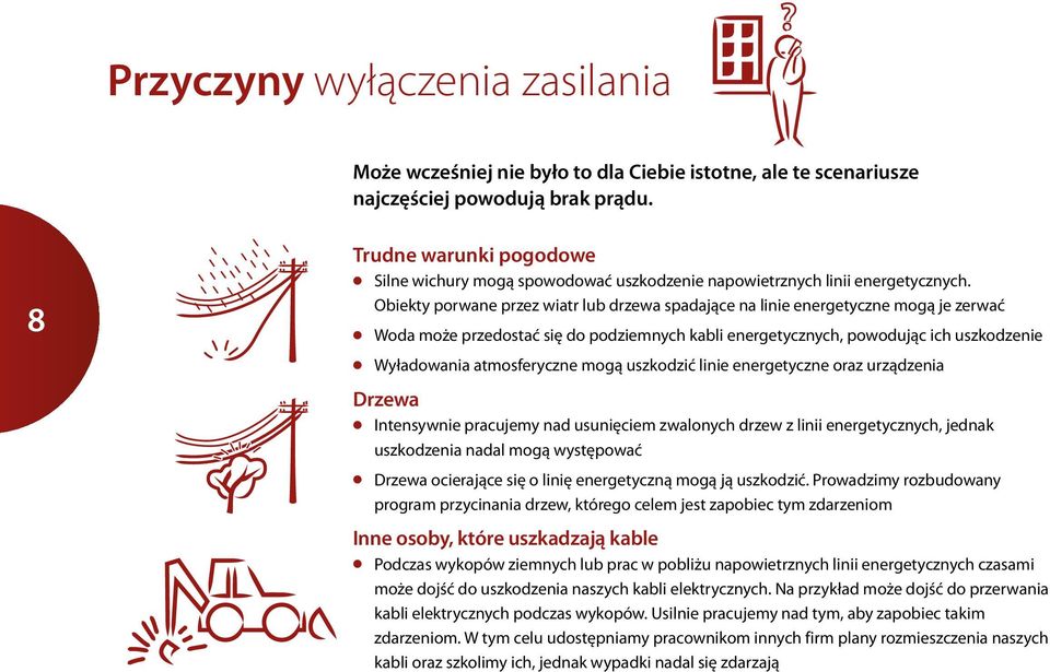 Obiekty porwane przez wiatr lub drzewa spadające na linie energetyczne mogą je zerwać l Woda może przedostać się do podziemnych kabli energetycznych, powodując ich uszkodzenie l Wyładowania