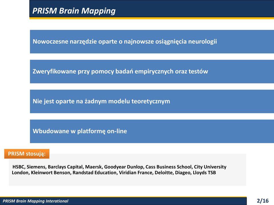 on-line PRISM stosują: HSBC, Siemens, Barclays Capital, Maersk, Goodyear Dunlop, Cass Business School,