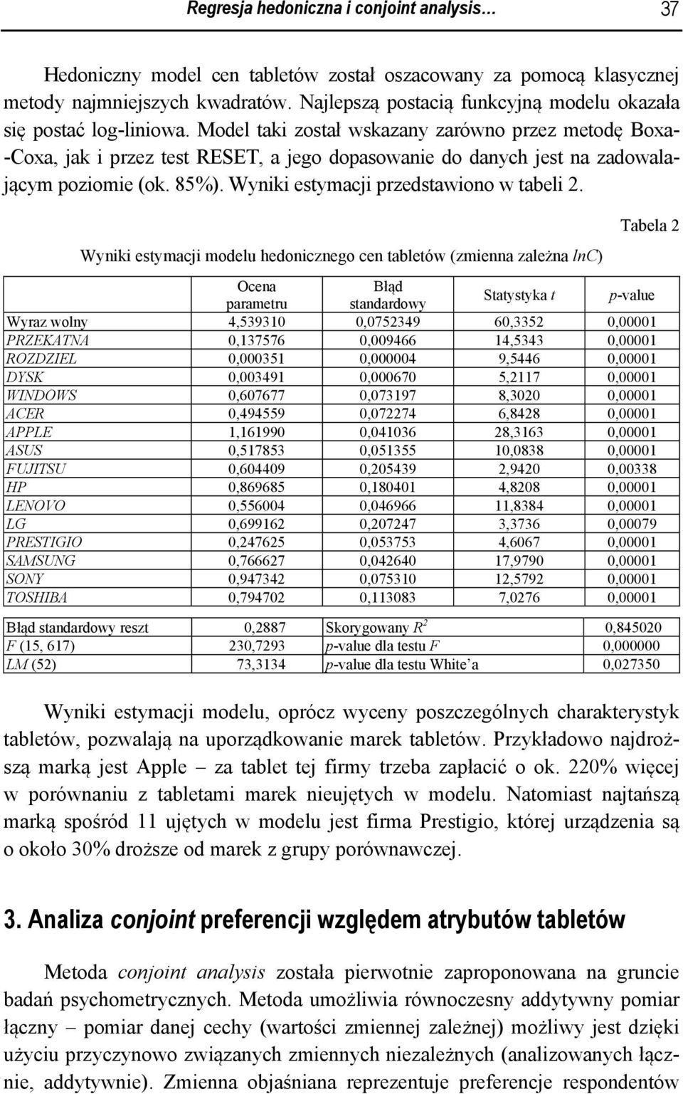 Model taki został wskazany zarówno przez metodę Boxa- -Coxa, jak i przez test RESET, a jego dopasowanie do danych jest na zadowalającym poziomie (ok. 85%). Wyniki estymacji przedstawiono w tabeli 2.