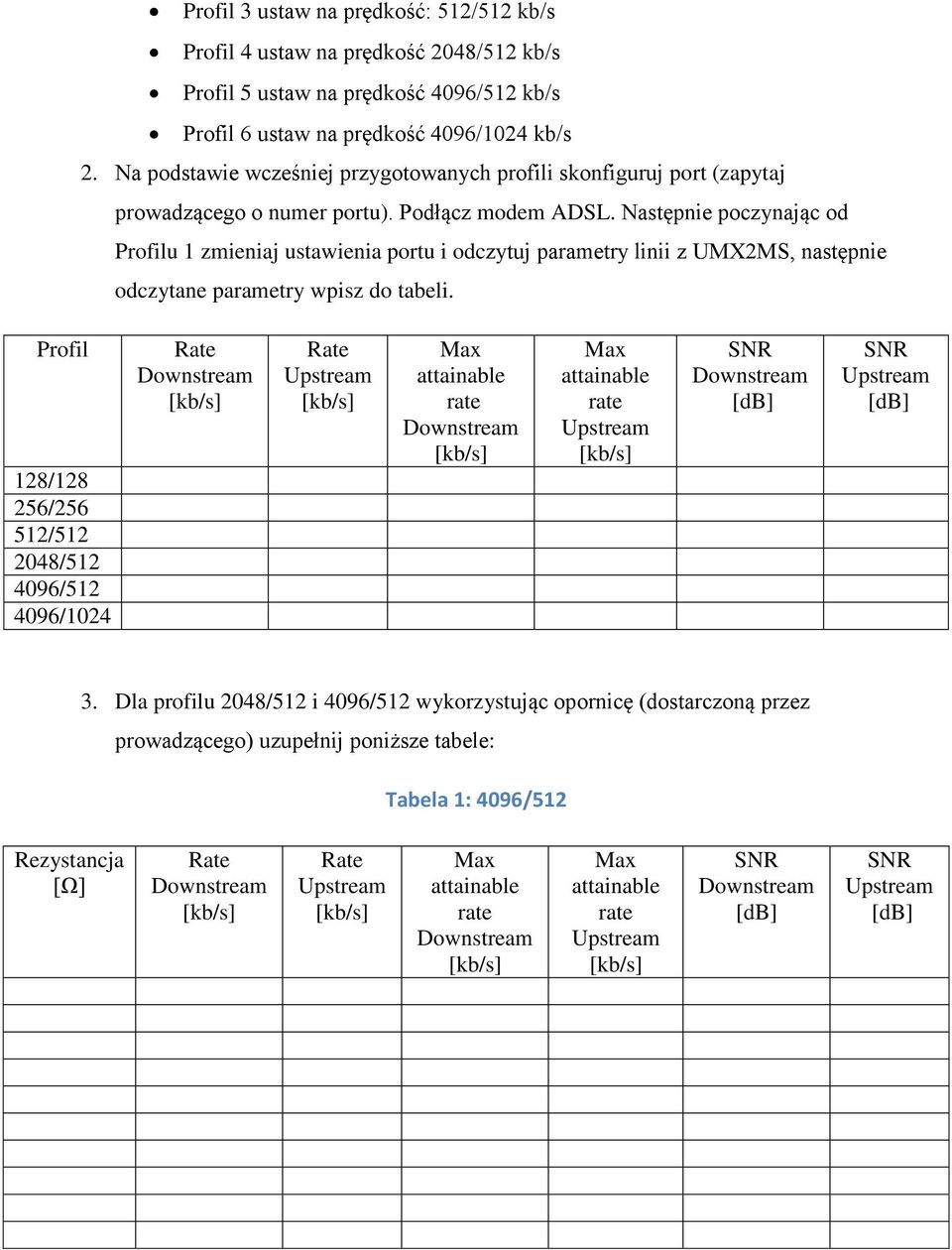 Następnie poczynając od Profilu 1 zmieniaj ustawienia portu i odczytuj parametry linii z UMX2MS, następnie odczytane parametry wpisz do tabeli.