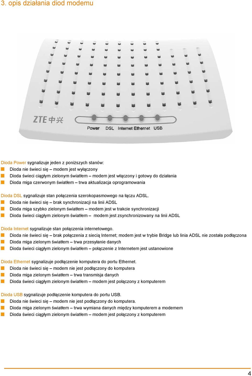 Dioda nie świeci się brak synchronizacji na linii ADSL Dioda miga szybko zielonym światłem modem jest w trakcie synchronizacji Dioda świeci ciągłym zielonym światłem modem jest zsynchronizowany na