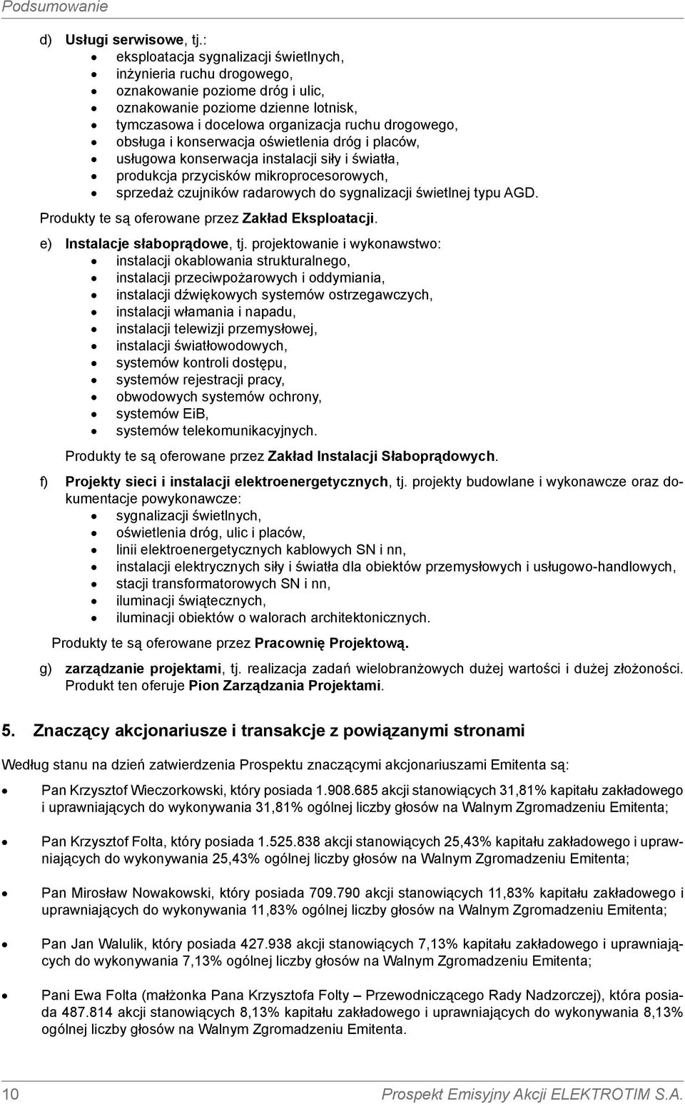 konserwacja oświetlenia dróg i placów, usługowa konserwacja instalacji siły i światła, produkcja przycisków mikroprocesorowych, sprzedaż czujników radarowych do sygnalizacji świetlnej typu AGD.