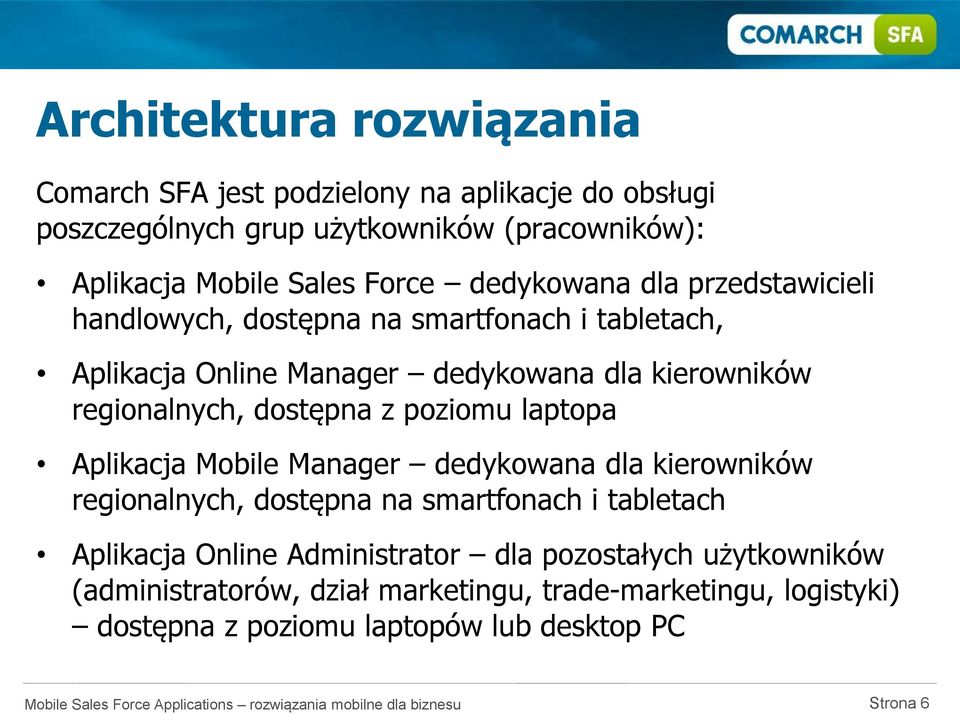 dostępna z poziomu laptopa Aplikacja Mobile Manager dedykowana dla kierowników regionalnych, dostępna na smartfonach i tabletach Aplikacja Online