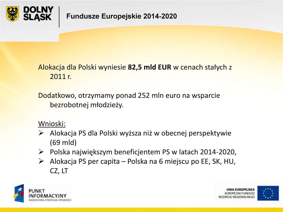 Wnioski: Alokacja PS dla Polski wyższa niż w obecnej perspektywie (69 mld) Polska