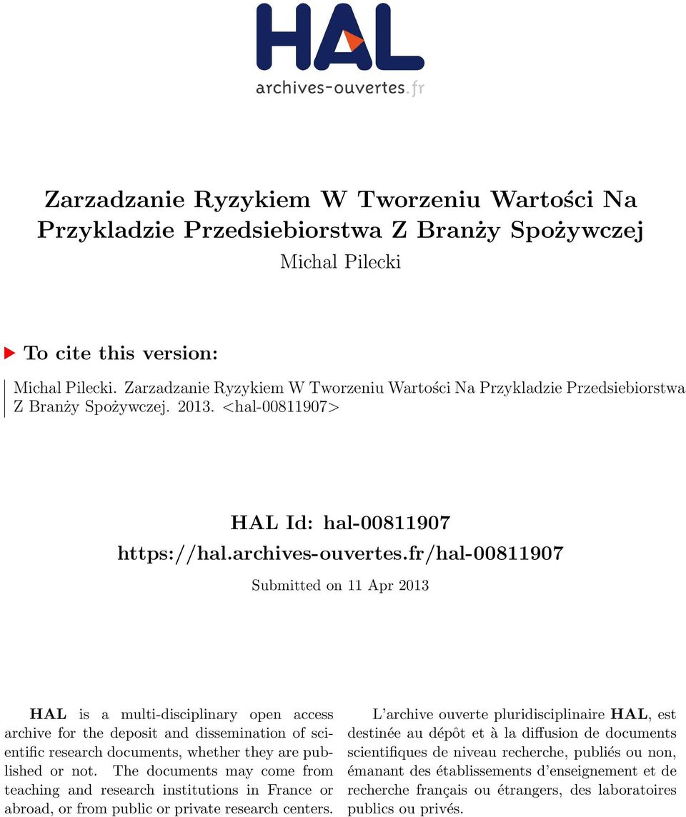 fr/hal-00811907 Submitted on 11 Apr 2013 HAL is a multi-disciplinary open access archive for the deposit and dissemination of scientific research documents, whether they are published or not.