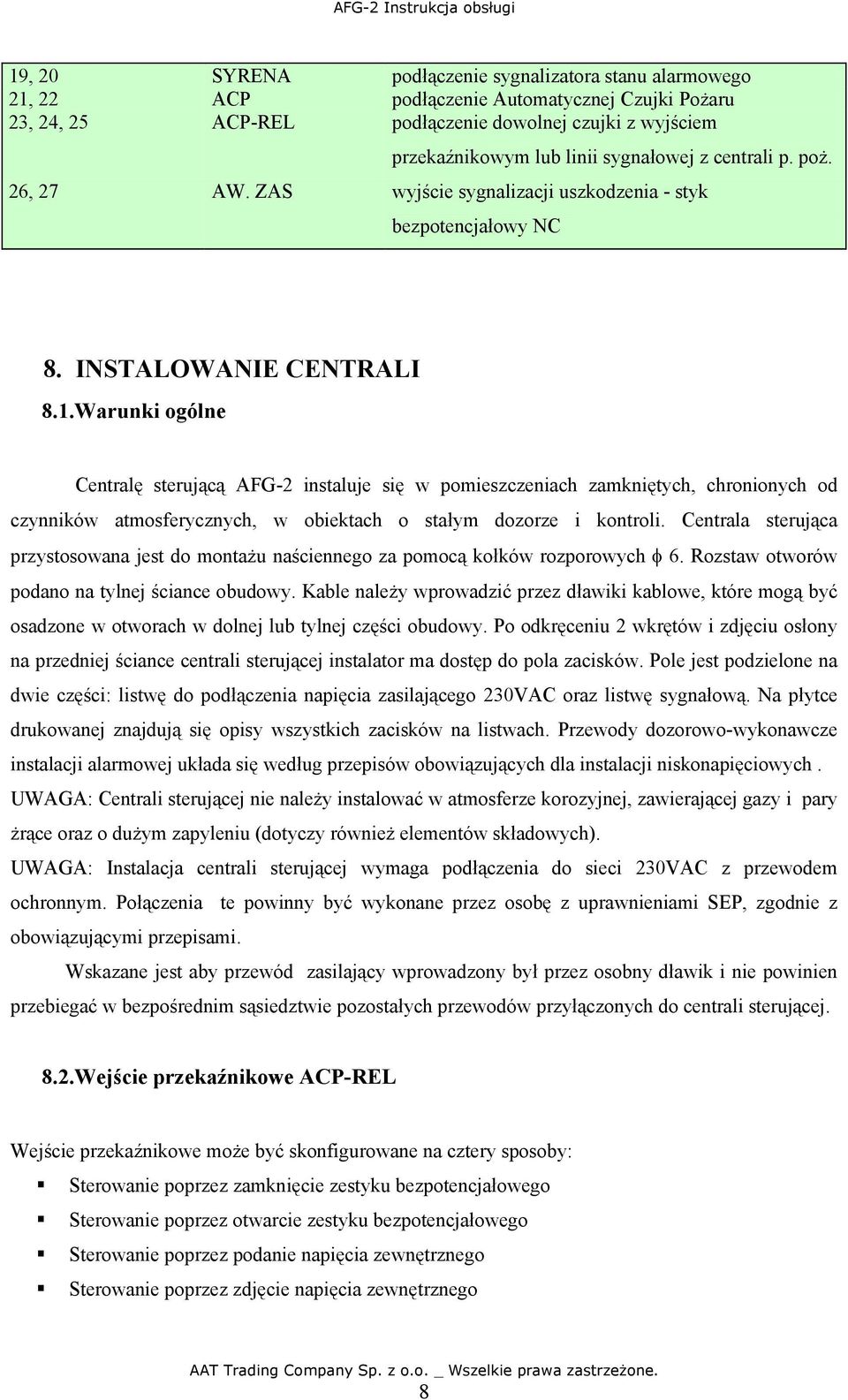 Warunki ogólne Centralę sterującą AFG-2 instaluje się w pomieszczeniach zamkniętych, chronionych od czynników atmosferycznych, w obiektach o stałym dozorze i kontroli.