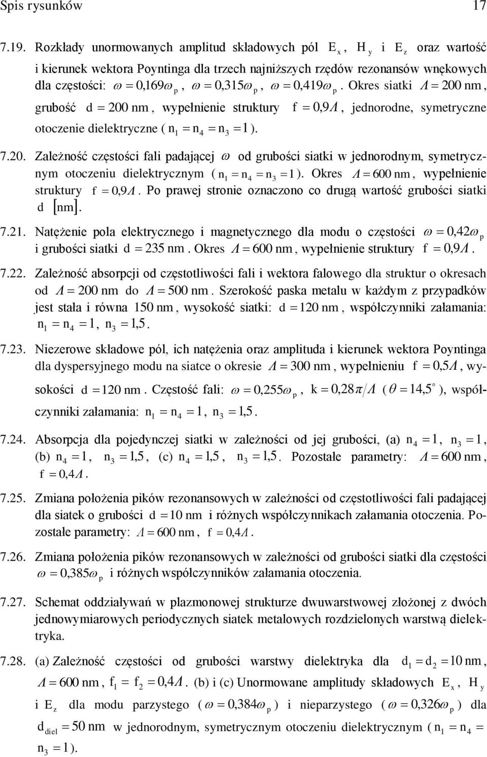 Okres Λ 600 m, wypełieie struktury f 0, 9Λ. Po prawej stroie oacoo co rugą wartość grubości siatki m. 7.1. Natężeie pola elektrycego i magetycego la mou o cęstości 0, 4 p i grubości siatki 35 m.