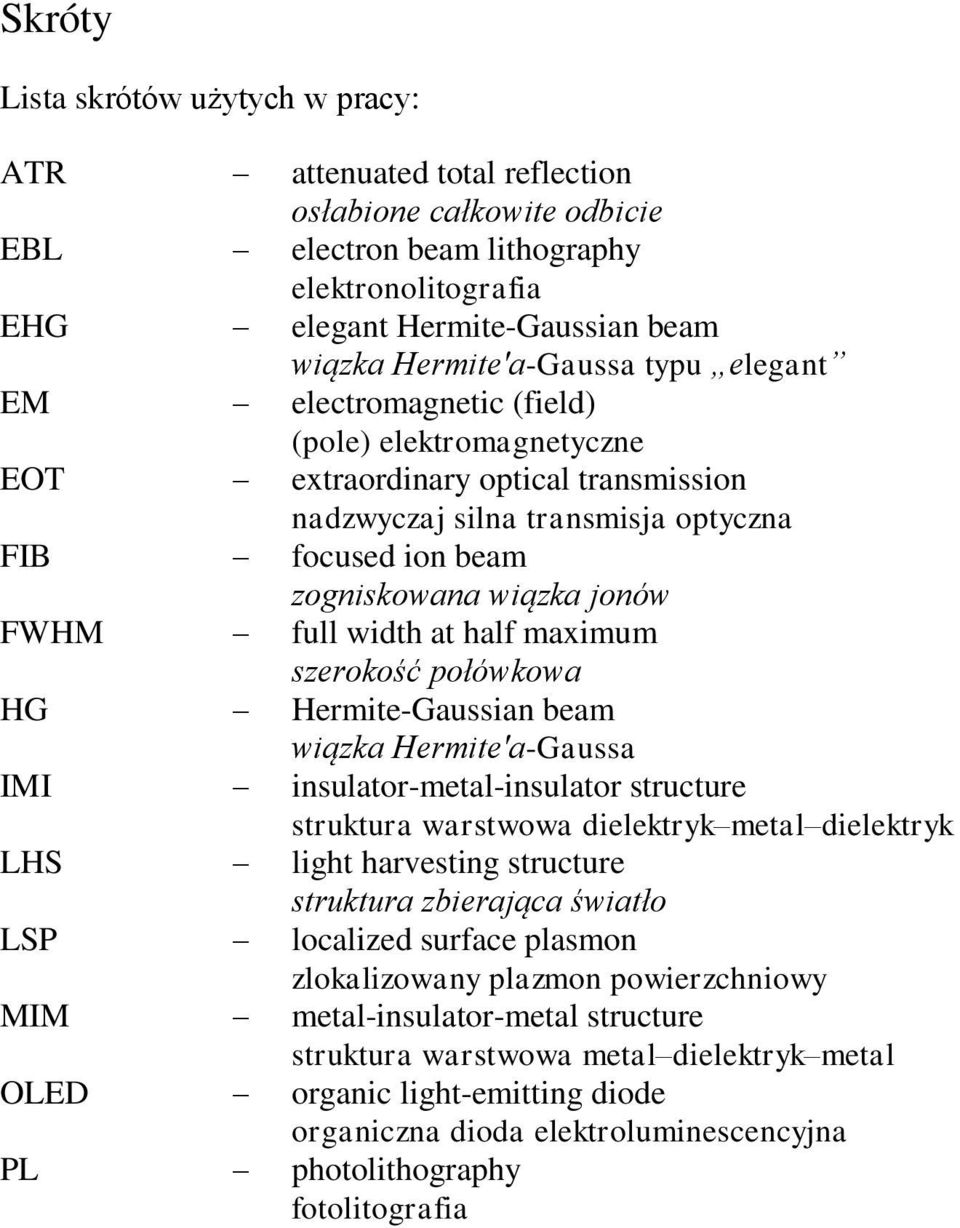 serokość połówkowa HG Hermite-Gaussia beam wiąka Hermite'a-Gaussa IMI isulator-metal-isulator structure struktura warstwowa ielektryk metal ielektryk LHS light harvestig structure struktura bierająca