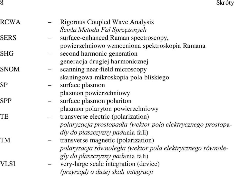 plasmo polarito plamo polaryto powierchiowy TE trasverse electric (polariatio) polaryacja prostopała (wektor pola elektrycego prostopały o płascyy paaia fali) TM