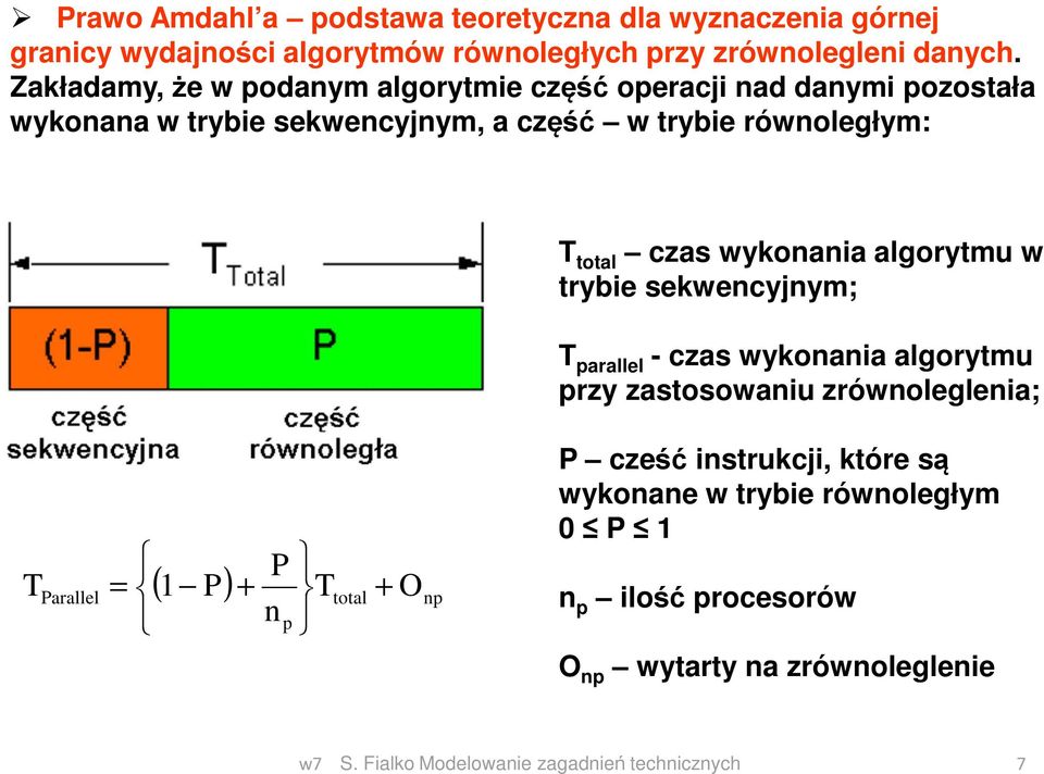total czas wykonania algorytmu w trybie sekwencyjnym; T parallel - czas wykonania algorytmu przy zastosowaniu zrównoleglenia; P T