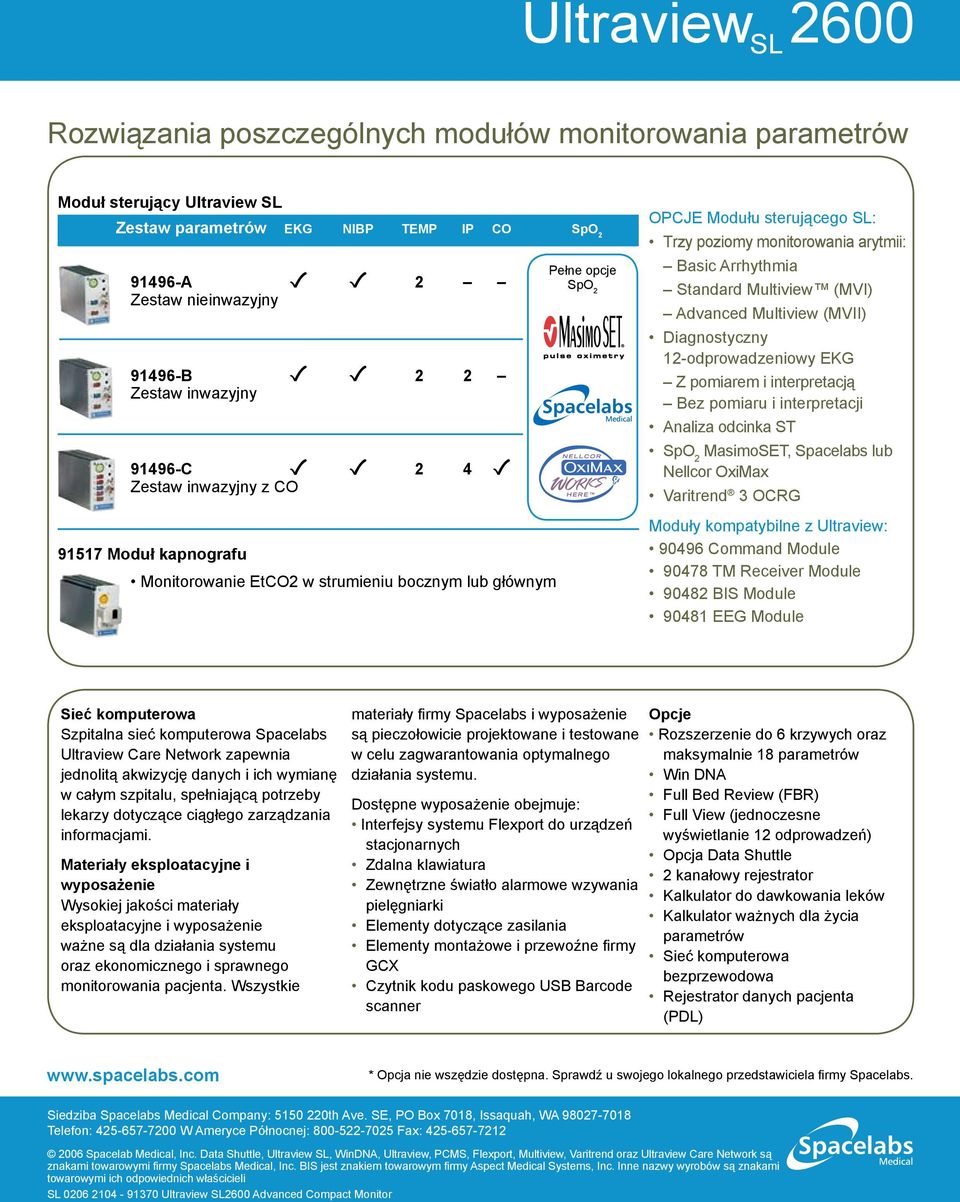 Arrhythmia Standard Multiview (MVI) Advanced Multiview (MVII) Diagnostyczny 12-odprowadzeniowy EKG Z pomiarem i interpretacją Bez pomiaru i interpretacji Analiza odcinka ST SpO 2 MasimoSET, Spacelabs