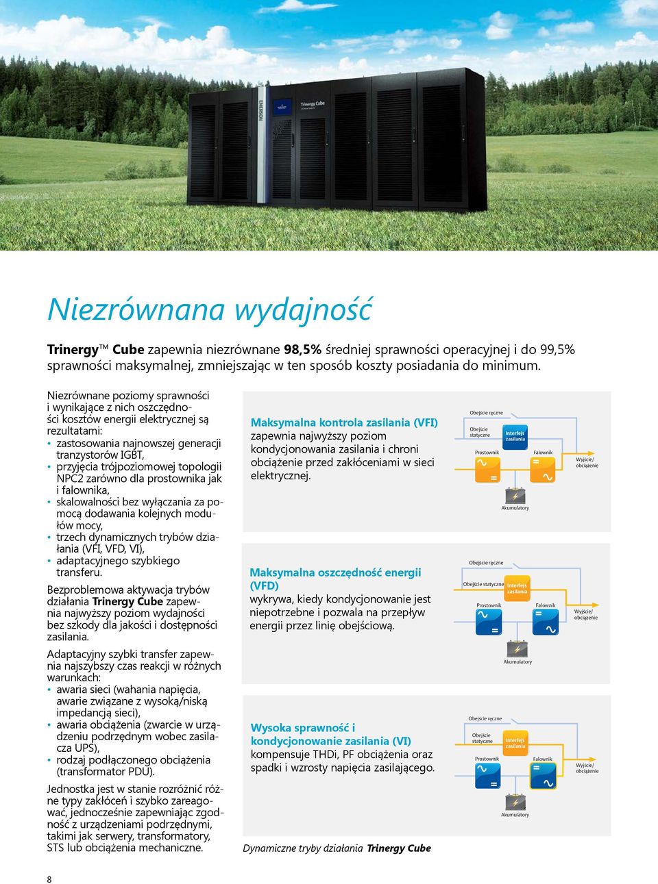 NPC2 zarówno dla prostownika jak i falownika, skalowalności bez wyłączania za pomocą dodawania kolejnych modułów mocy, trzech dynamicznych trybów działania (VFI, VFD, VI), adaptacyjnego szybkiego